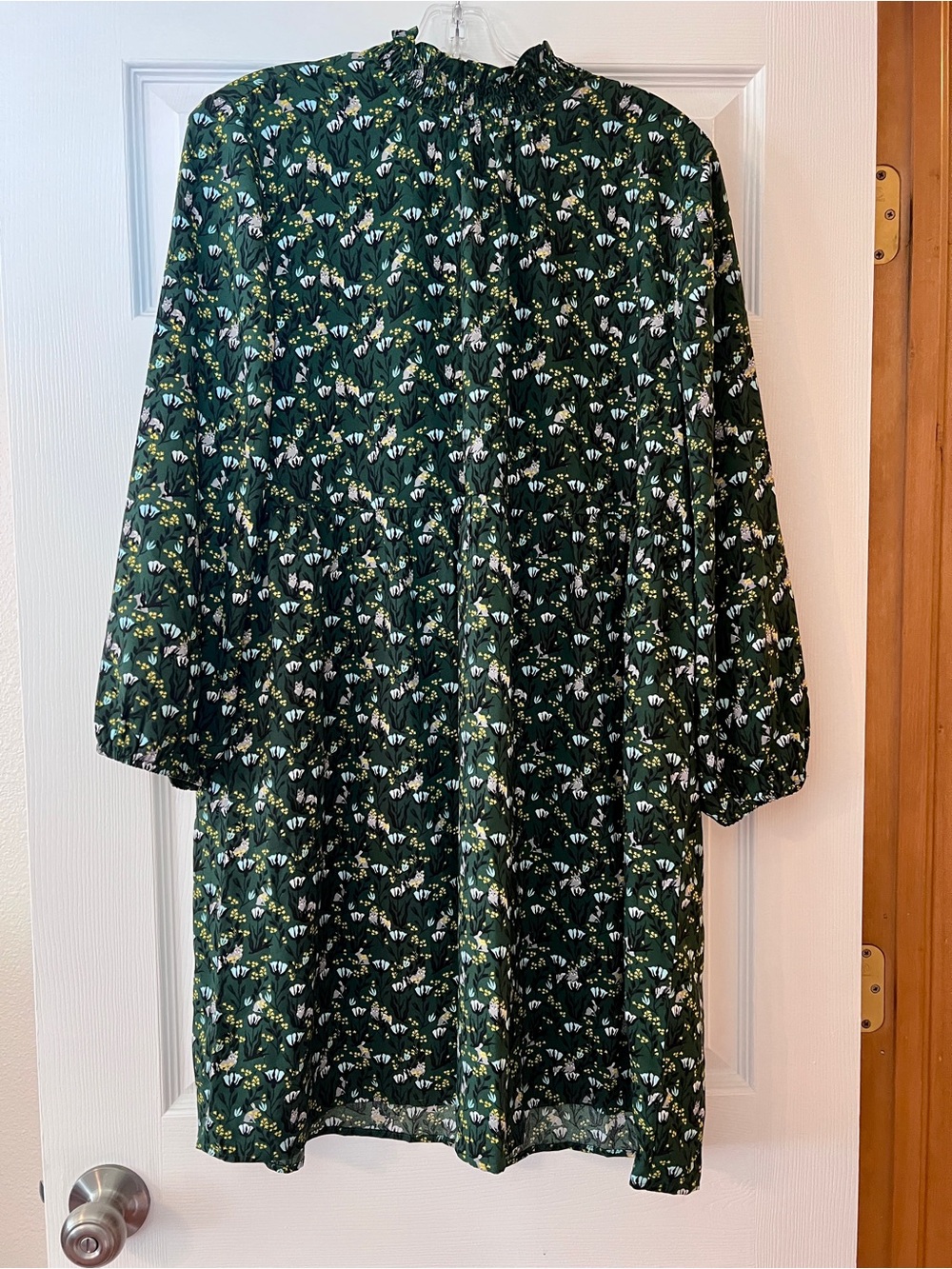 LOFT Dark Green Forest Friends Long Sleeve Smock Dress